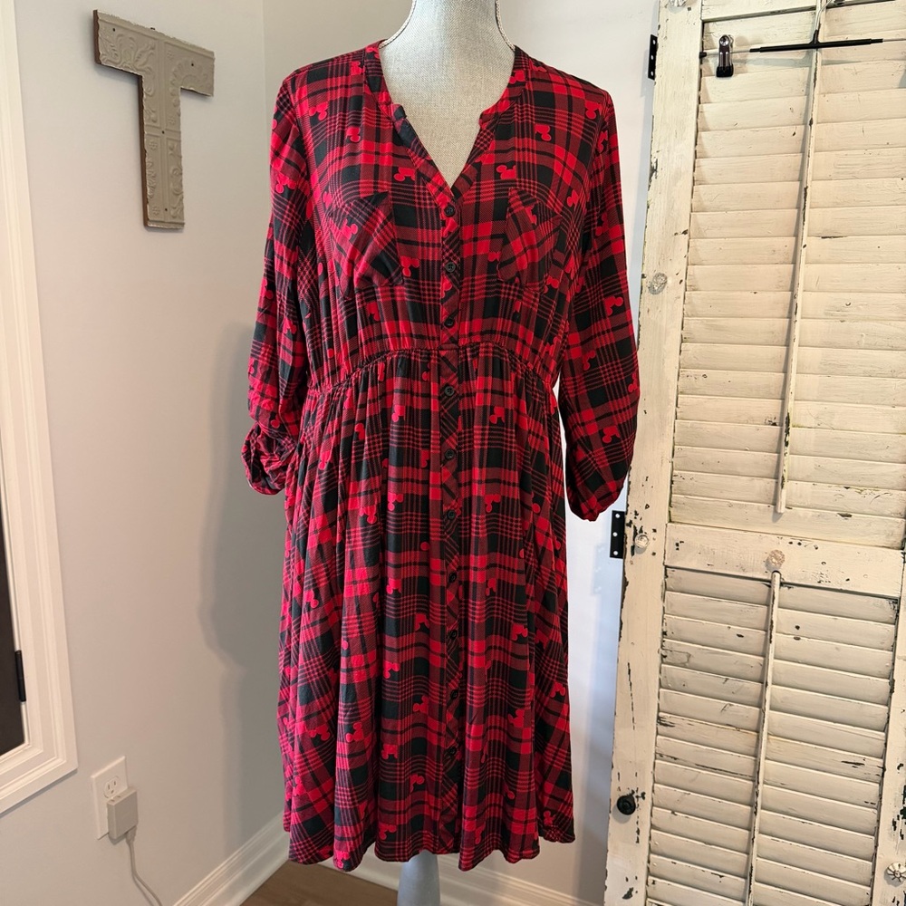 TORRID Mickey Mouse shirt dress, size 1 red/black buffalo plaid with POCKETS!